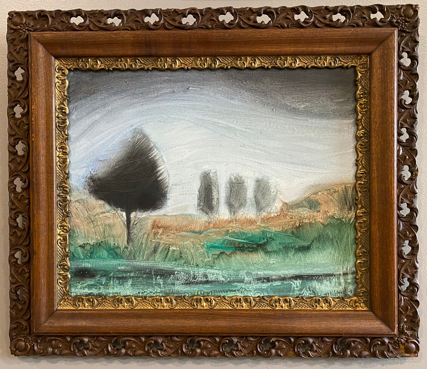 AUCTION BID NOW! Original oil Landscape painting ornate hand carved frame, signed by the artist