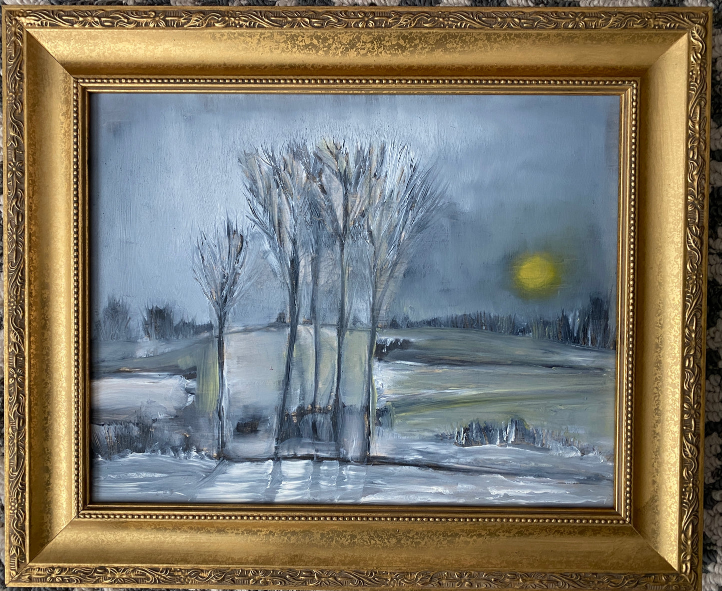 AUCTION BID NOW! 1963 Original oil winter day farm Landscape painting ornate frame, impressionism, signed by the artist