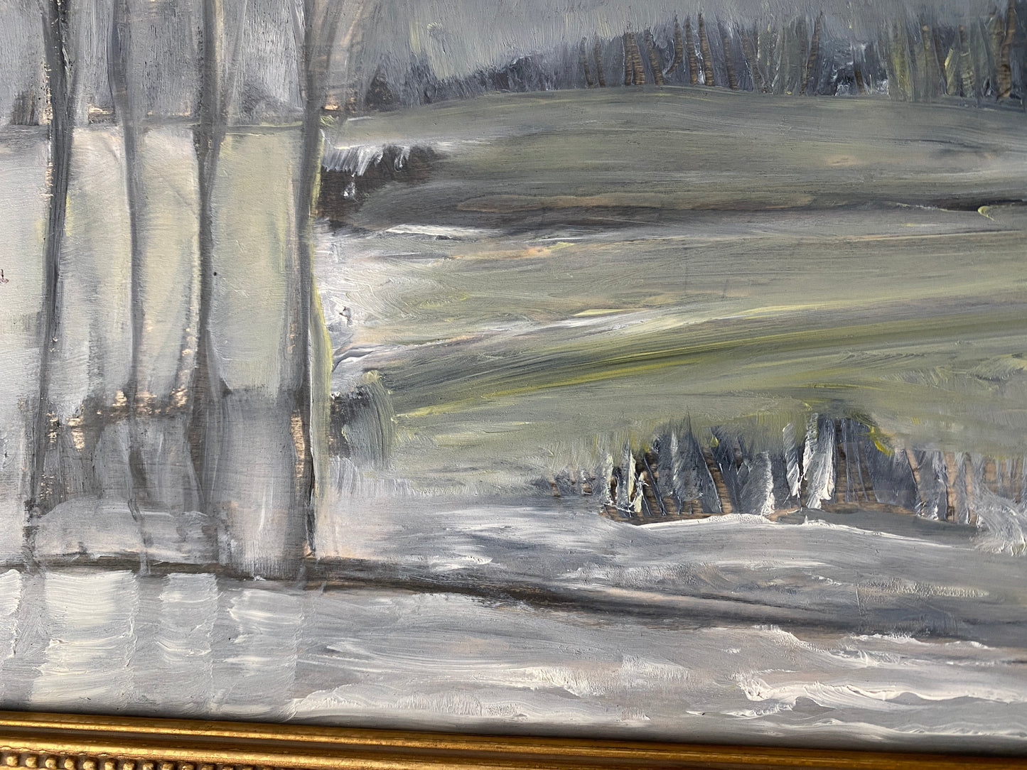 AUCTION BID NOW! 1963 Original oil winter day farm Landscape painting ornate frame, impressionism, signed by the artist